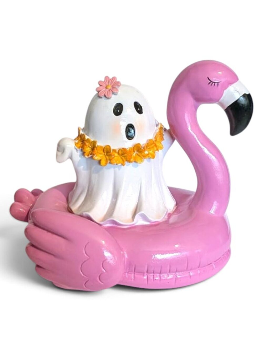 Girl Ghost in Flamingo Float Tabletop Halloween Decor Pink Figurine